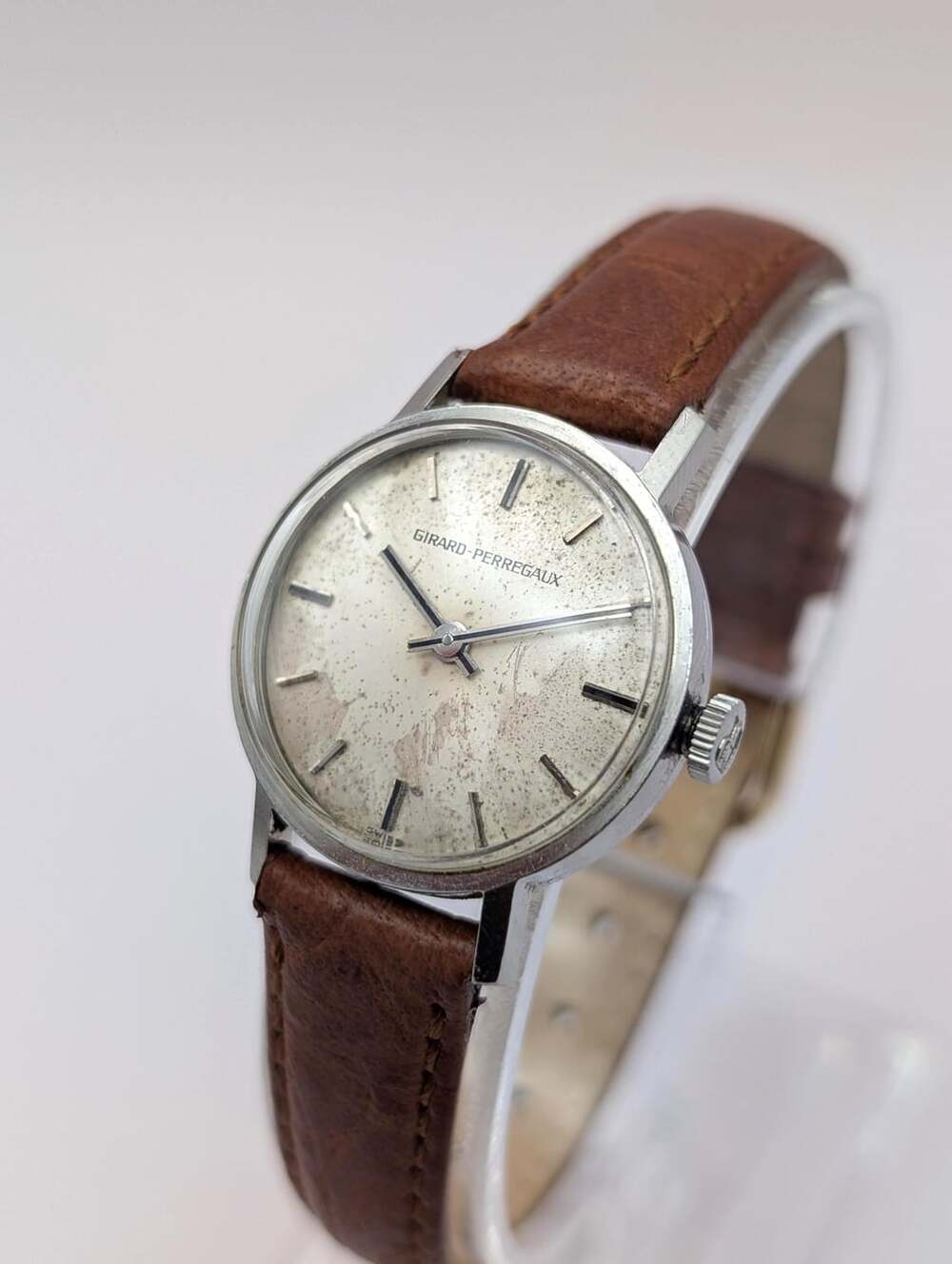 Vintage Girard-Perregaux Mechanical Ladies Watch, Silver Dial with Patina, Inscr